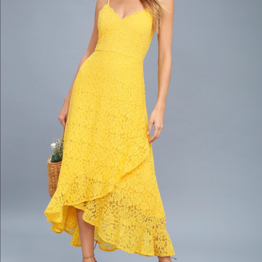Lulus Saunter Along Yellow Lace Midi Dress